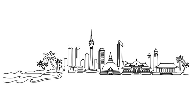 Kuwait City Skyline One Line Drawing with Mosque, Tower, Palm Trees, and Waterfront for Travel, Architecture, and cityscape Design Concepts