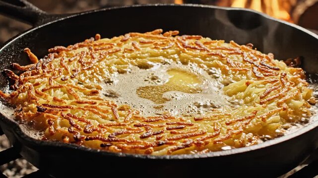 Golden Swiss potato rosti frying in butter inside a cast iron skillet over an open fire.