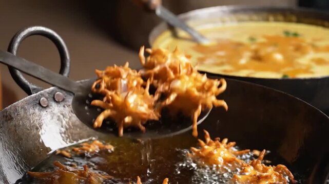 Golden onion pakoras frying in hot oil and lifted with a slotted spoon in a traditional wok