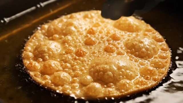 Golden tortilla frying in hot oil, bubbling and blistering to a crispy texture