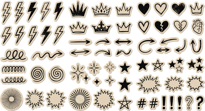 Hand drawn doodle sticker set featuring lightning bolts crowns hearts arrows stars suns swirls and comic graphic elements isolated vector illustration