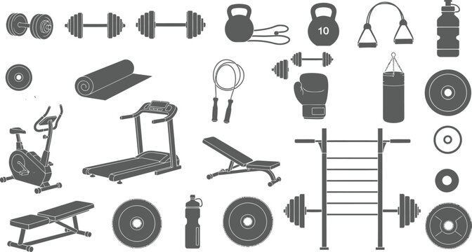 Fitness equipment collection dumbbells treadmills weights and gym accessories vector