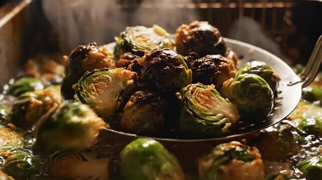 Halved Brussels sprouts deep frying in hot bubbling oil and scooped with a slotted spoon