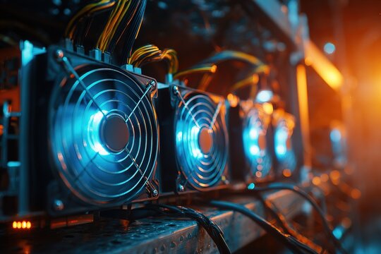 Row of powerful cooling fans on a cryptocurrency mining rig