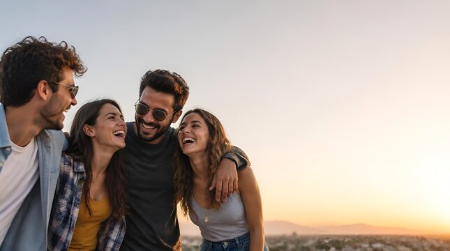 Group of friends enjoying sunset on a rooftop.