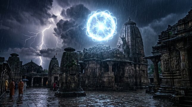 Photorealistic ball lightning hovering above an ancient temple during a powerful storm, glowing plasma orb surrounded by rain and lightning, realistic reflections on stone surfaces, dramatic sky