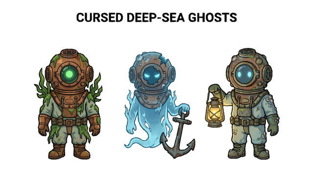 Three cursed deep-sea ghosts in vintage diving suits on isolated transparent background