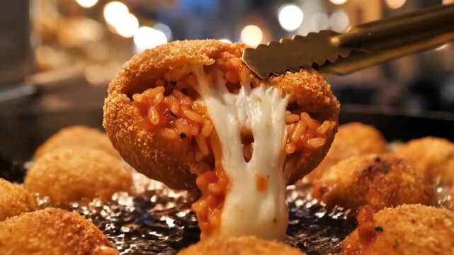 Italian arancini rice balls frying in oil with melting mozzarella cheese pull at night