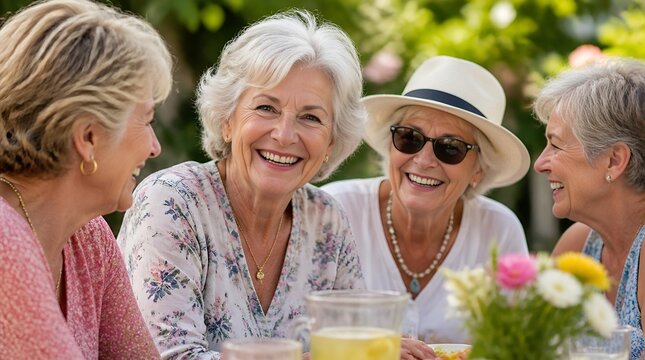 Group of senior women chatting at outdoor garden party.