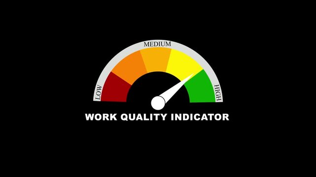 Work quality indicator level meter moving from high level to normal level, Speedometer icon on Transparent Background.Performance rating and quality control improvement.