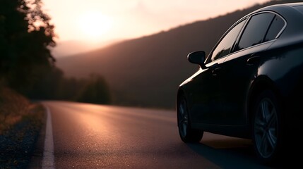 A car rests peacefully on a scenic road bathed in warm morning sunlight during a tranquil journey