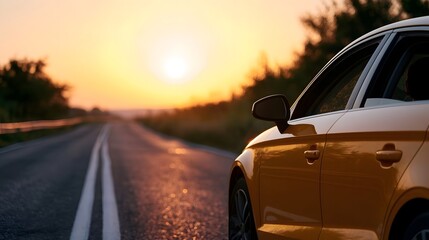 Fototapeta premium A vehicle is seen on a road trip illuminated by a warm vibrant sunset glow over a vast scenic landscape