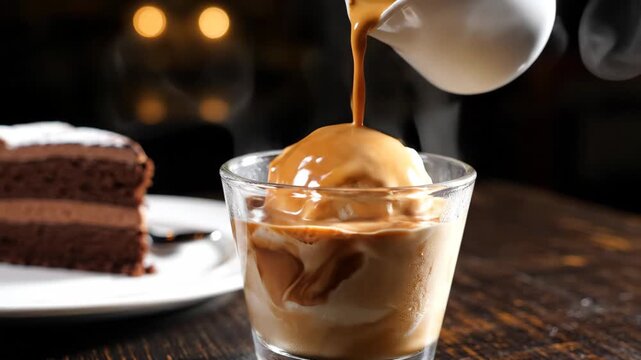 Pouring hot espresso coffee over a scoop of vanilla gelato to make affogato dessert in a cafe