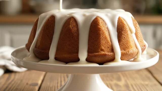 Pouring thick white glaze over a freshly baked vanilla bundt cake on a cake stand