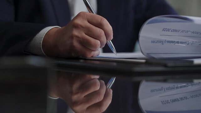Oficinista revisando y firmando documentos en c&aacute;mara lenta, trabajo de oficina, negocios, contabilidad, asuntos legales, administraci&oacute;n, contratos y gesti&oacute;n empresarial