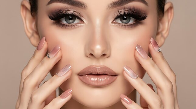 Beauty portrait of a woman showcasing glamorous eye makeup and elegant embellished manicure nails, reflecting luxury cosmetics and bridal styling trends.