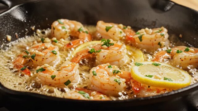 Sizzling garlic butter shrimp cooking in a cast iron skillet with fresh lemon slices and parsley
