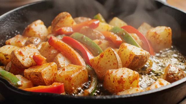 Sizzling home fries with red and green bell peppers cooking in a hot cast iron skillet
