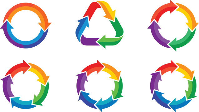 Circular rainbow arrow vector icon set featuring colorful recycling loop symbols process cycle charts and multi step infographic diagrams isolated on white background.
