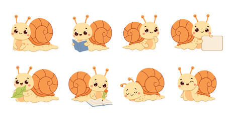 Cute snail sticker set with different activities. Kawaii cartoon mollusk reading, sleeping, eating, studying, holding blank sign and smiling. Vector illustration isolated on white background © Alena