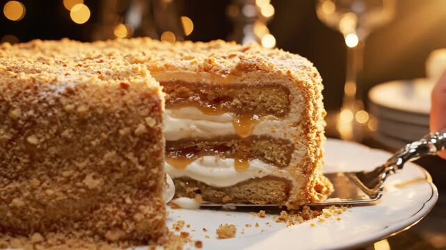 Spatula lifting a slice of delicious layered Russian honey cake with cream filling