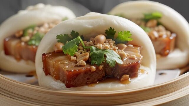 Steamed pork belly bao buns with crushed peanuts and cilantro in a bamboo steamer