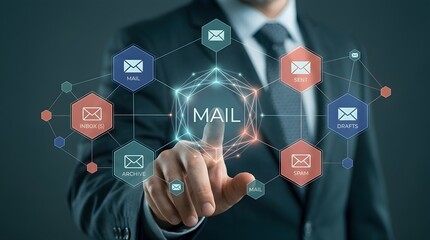 Obraz premium Email management system interface being touched by a professional businessman in a suit displaying digital network icons and connectivity
