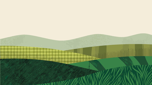 Minimalist rolling green hills and farm fields landscape background with abstract agricultural textures under a clear sky vector illustration