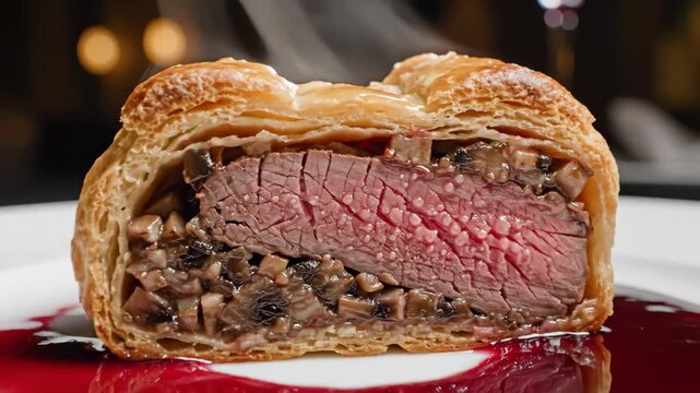 Steaming slice of beef wellington with mushroom duxelles and red wine sauce
