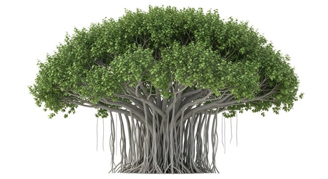 Majestic Banyan Tree with aerial roots against a clean white background with diffused natural light for concepts of growth and stability