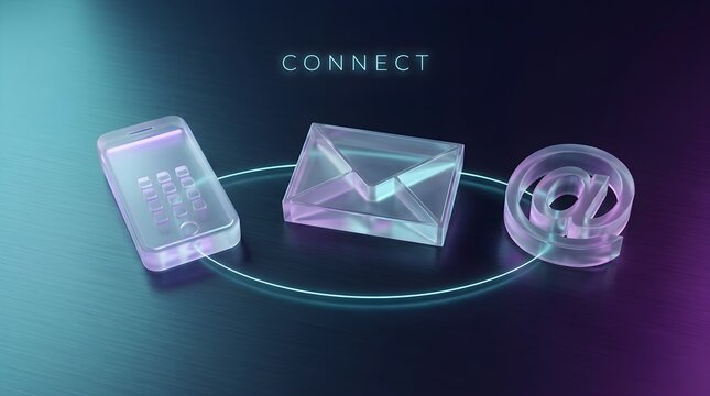 Communication icons representing digital connectivity featuring a glass smartphone envelope and at symbol on a dark textured background surface
