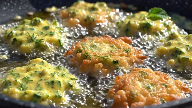 Traditional Greek herb fritters frying in hot bubbling oil inside a pan