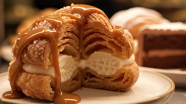 Warm caramel dripping over a sliced flaky cronut filled with fresh pastry cream in a bakery.