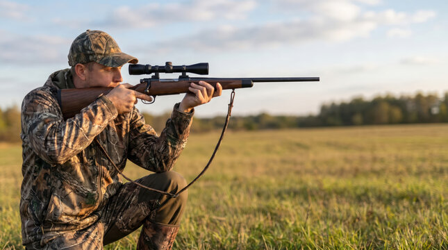 Hunter Aiming Scoped Rifle in Open Field During Hunting Season