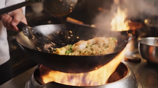 Chef stir-frying shrimp fried rice in a fiery wok with intense flames in a commercial kitchen
