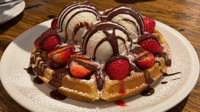 Chocolate sauce drizzled over a sweet Belgian waffle with ice cream and strawberries