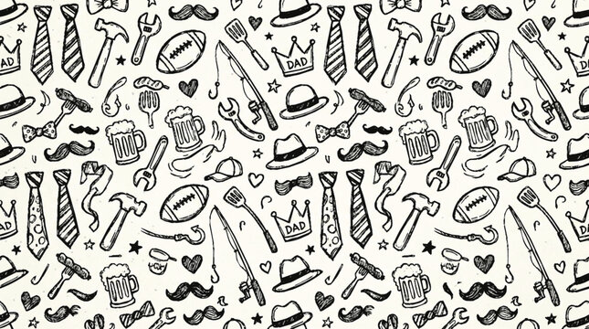 Hand drawn father day doodle pattern background featuring masculine icons like ties tools fishing rods