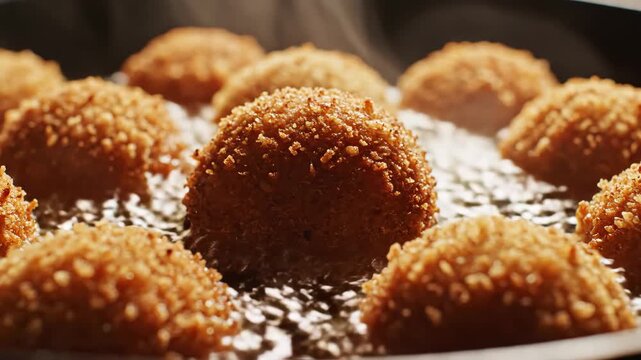Crispy Dutch bitterballen croquettes frying in hot bubbling oil with steam rising