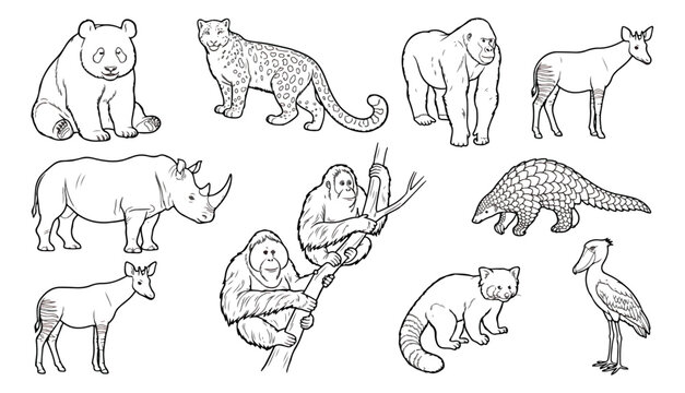 Hand drawn endangered animals vector set, wild animal line art collection for coloring books, black and white wildlife illustrations including panda and rhino