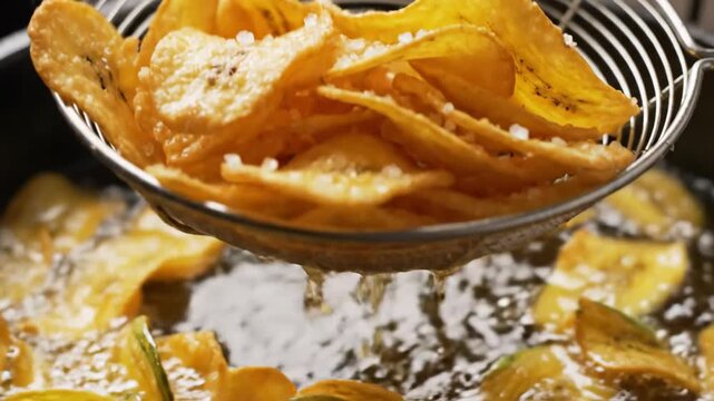 Crispy plantain chips frying in hot oil and lifted with a strainer to drain