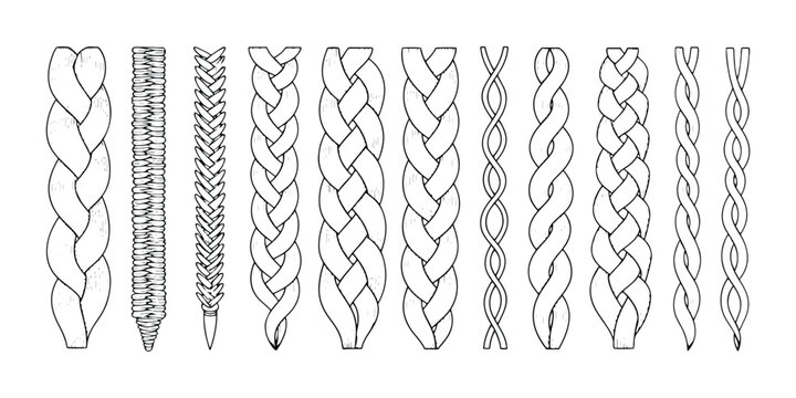 Collection of hair braids and twisted ropes line art styles in seamless black and white vector illustration.