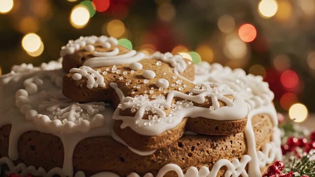 Decorated gingerbread man cookie with white royal icing and sugar crystals on festive background
