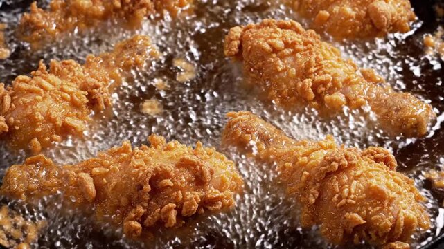 Close-up of Golden Fried Chicken Pieces in Hot Oil