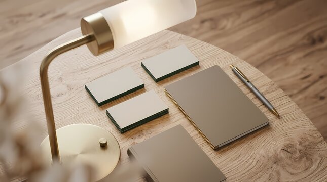 Minimalist desk setup with lamp, notebook, business cards, and pen
