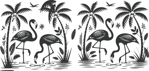 Obraz premium Tropical seamless pattern background featuring flamingo birds standing in water with palm trees and leaves vector linocut illustration