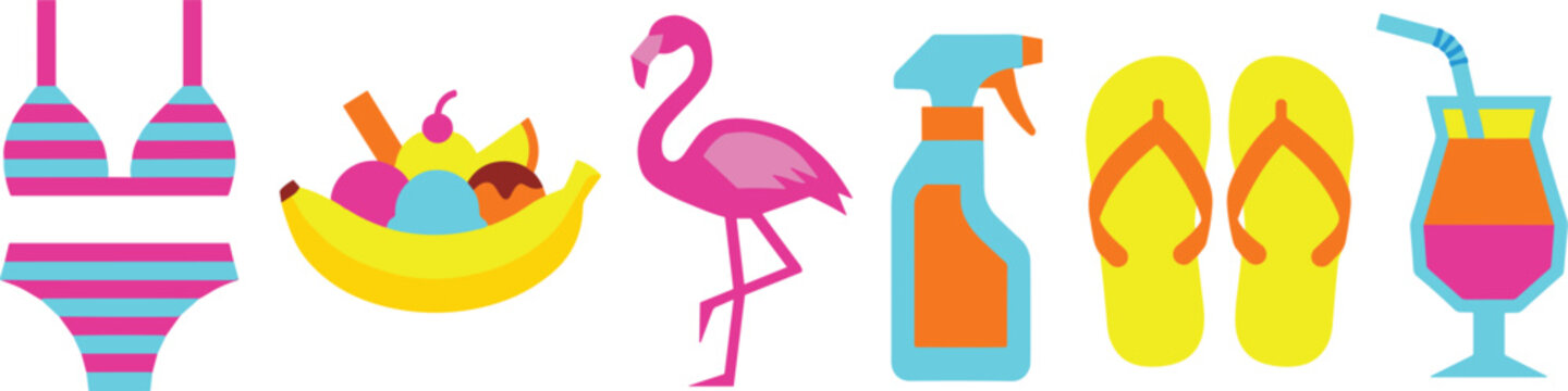 Colorful summer beach vacation vector flat icon set featuring bright tropical illustrations like striped bikini banana split ice cream flamingo sunscreen flip flops and cocktail