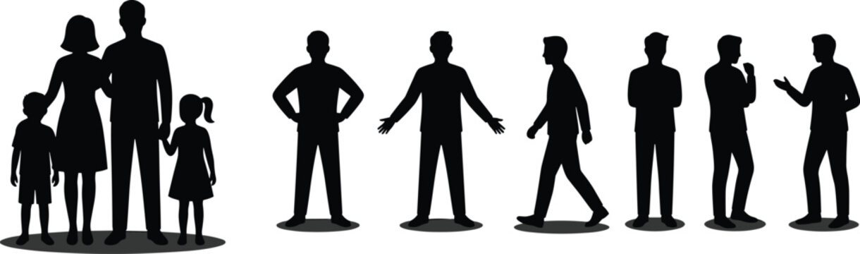 Black, silhouette, collection, of, family, parents, children, standing, walking, gesturing, talking, men, business, vector, isolated, white, background, group, set, illustration.