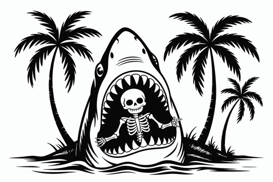 unny human skeleton sitting inside giant shark open mouth jaws on tropical beach island palm trees vector illustration isolated
