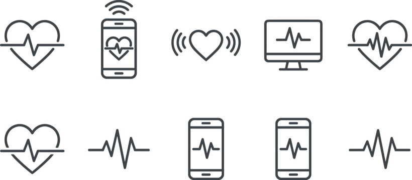 Digital health and heart rate monitoring line icon set with smartphone app and ecg symbols