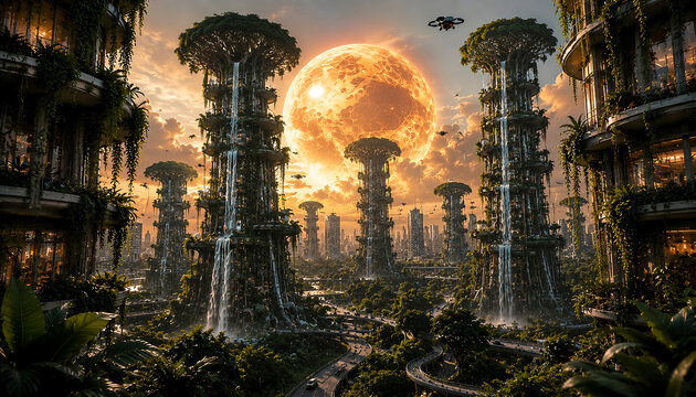 Ultra Realistic Eco Futuristic Alien Civilization with Floating Forest Cities and Waterfalls